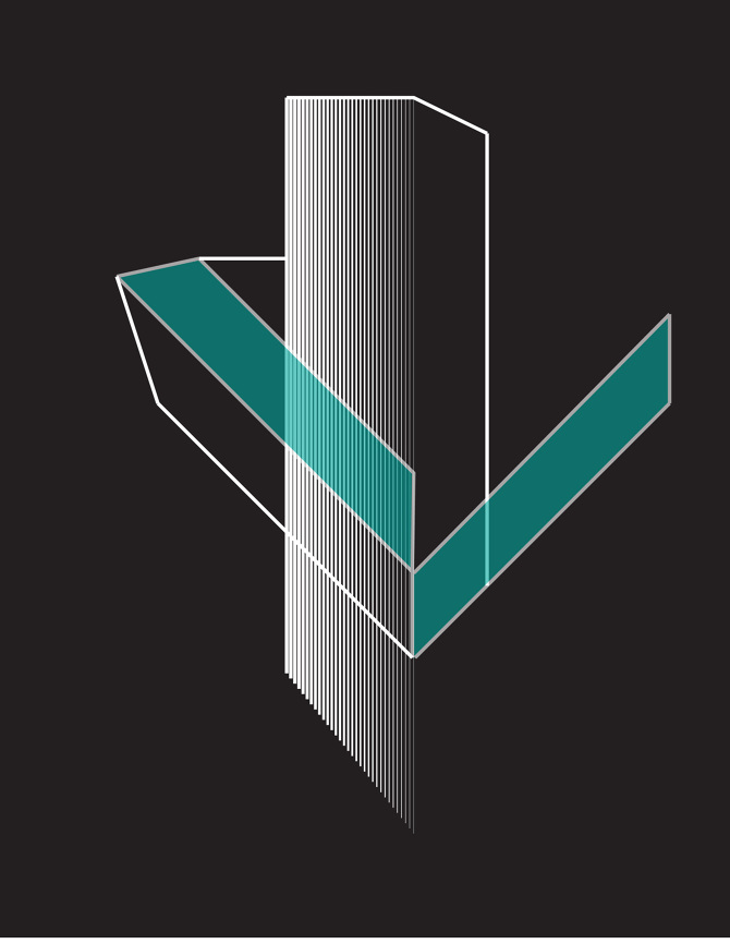 Abstract geometric illustration of 3D block shapes in teal and white line art on a dark charcoal background; minimal, modern composition