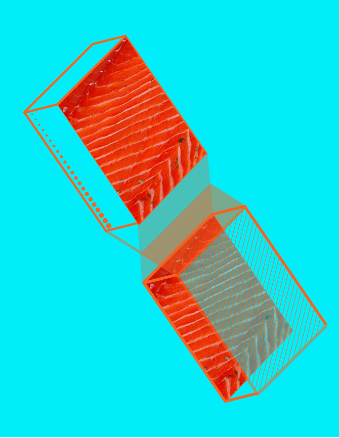 Abstract geometric illustration of 3D block shapes with a textured orange and red salmon-like pattern on a bright cyan background, bold and playful in mood