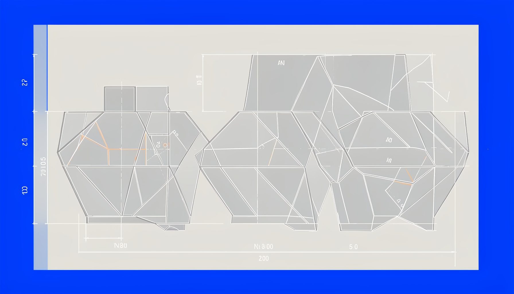 Technical blueprint-style drawing of interlocking geometric vessel forms with measured annotations, rendered in muted grays and soft orange highlights on a pale background
